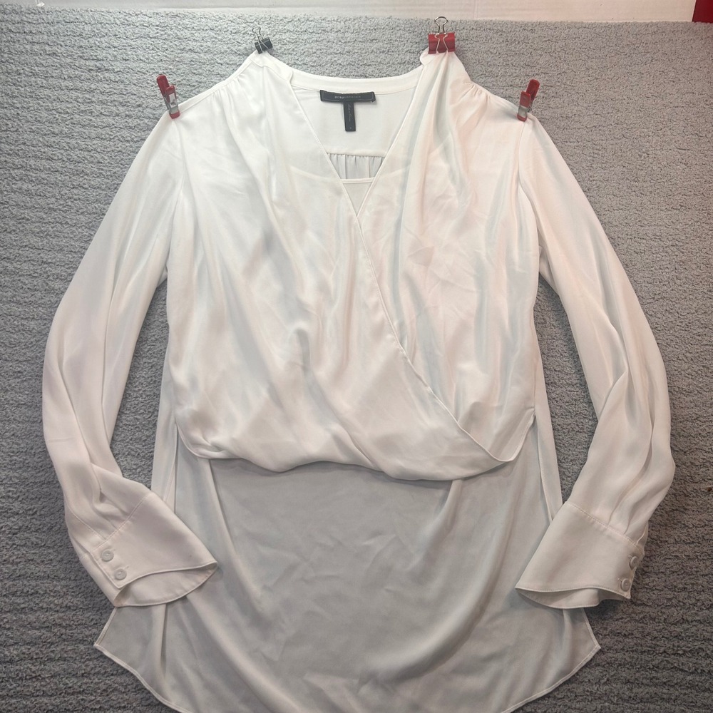 BCBGMAXAZRIA Blouse Faux Wrap High Low White Small Chic Minimalist Office Career